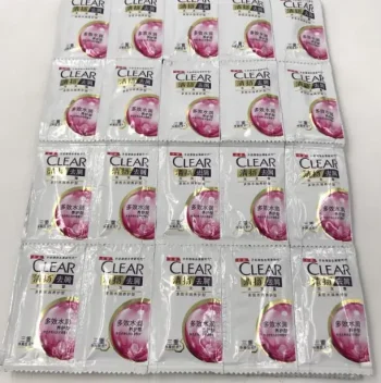 Clear shampoo bags for women in a carton of 20 strips